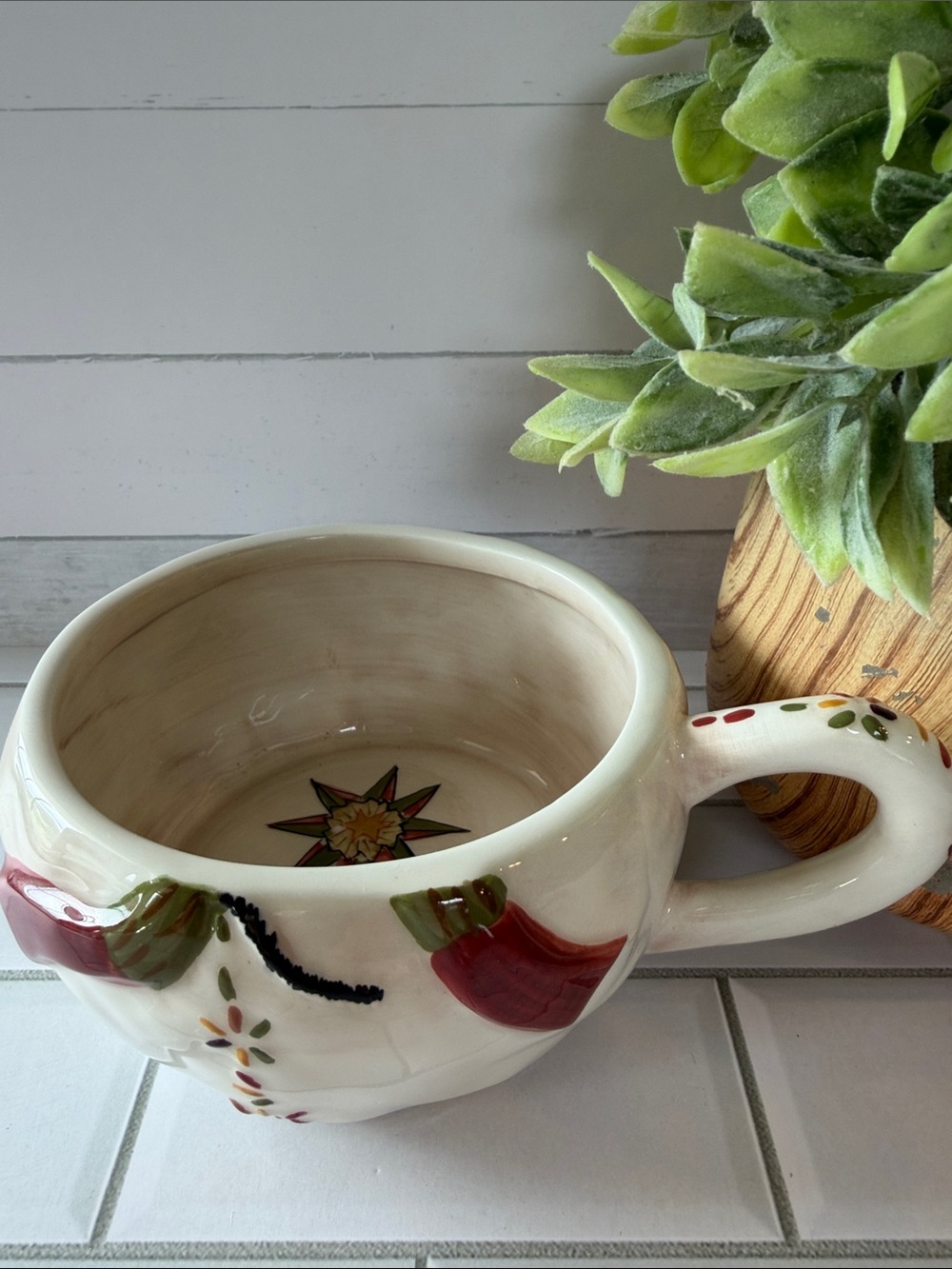 Tracy Ceramic Decorative Bowl Mug in Cream with Red and Green Accents